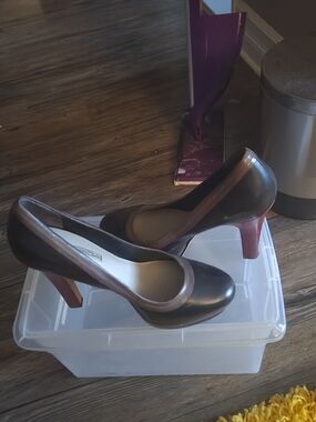 Via Spiga Black Pumps with Brown Trim and Burgundy Heels